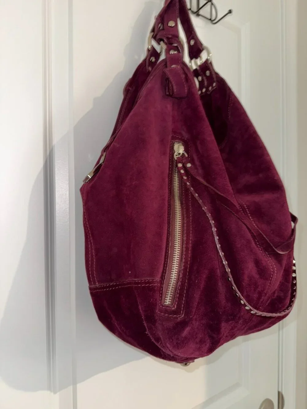 Via Repubblica Large Burgundy Suede Hobo Bag Studded Zip Pocket Shoulder Purse